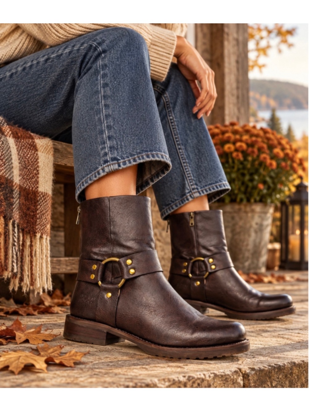 Frye & Co Chesnee Harness Short Brown Moto Ankle Boots Womens 8M